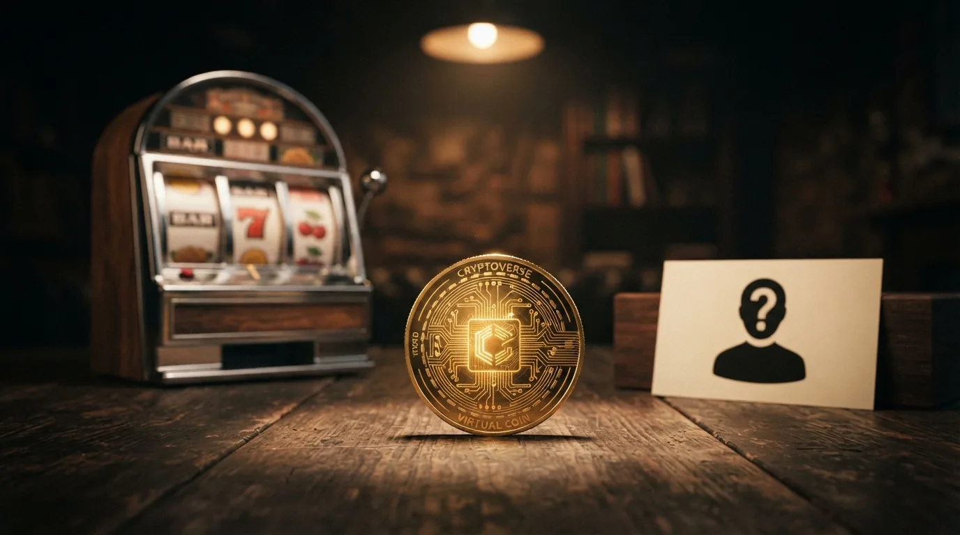 Een Bitcoin-munt naast een gokkast en een anoniem profielpictogram