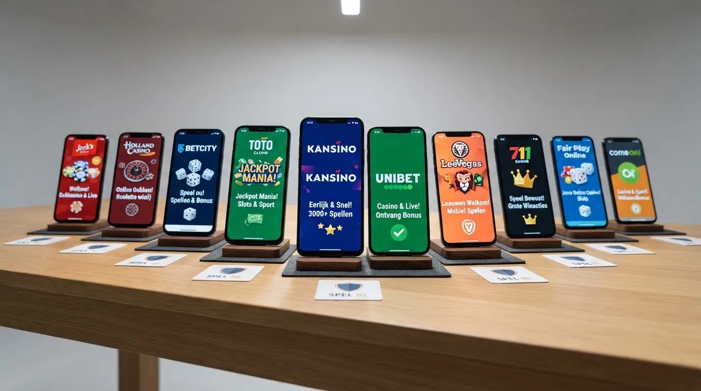 Een rij smartphones toont tien verschillende mobiele casino-startschermen, met onder elk toestel het Ksa-vergunningslogo