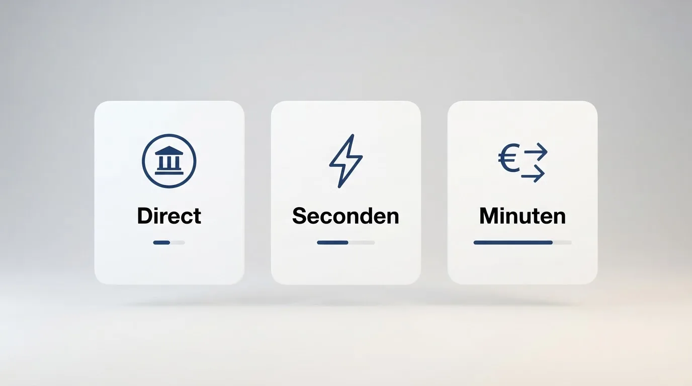 Overzicht van betaalmethoden — iDEAL, Trustly en SEPA Instant — met bijbehorende verwerkingssnelheden in een visueel overzicht