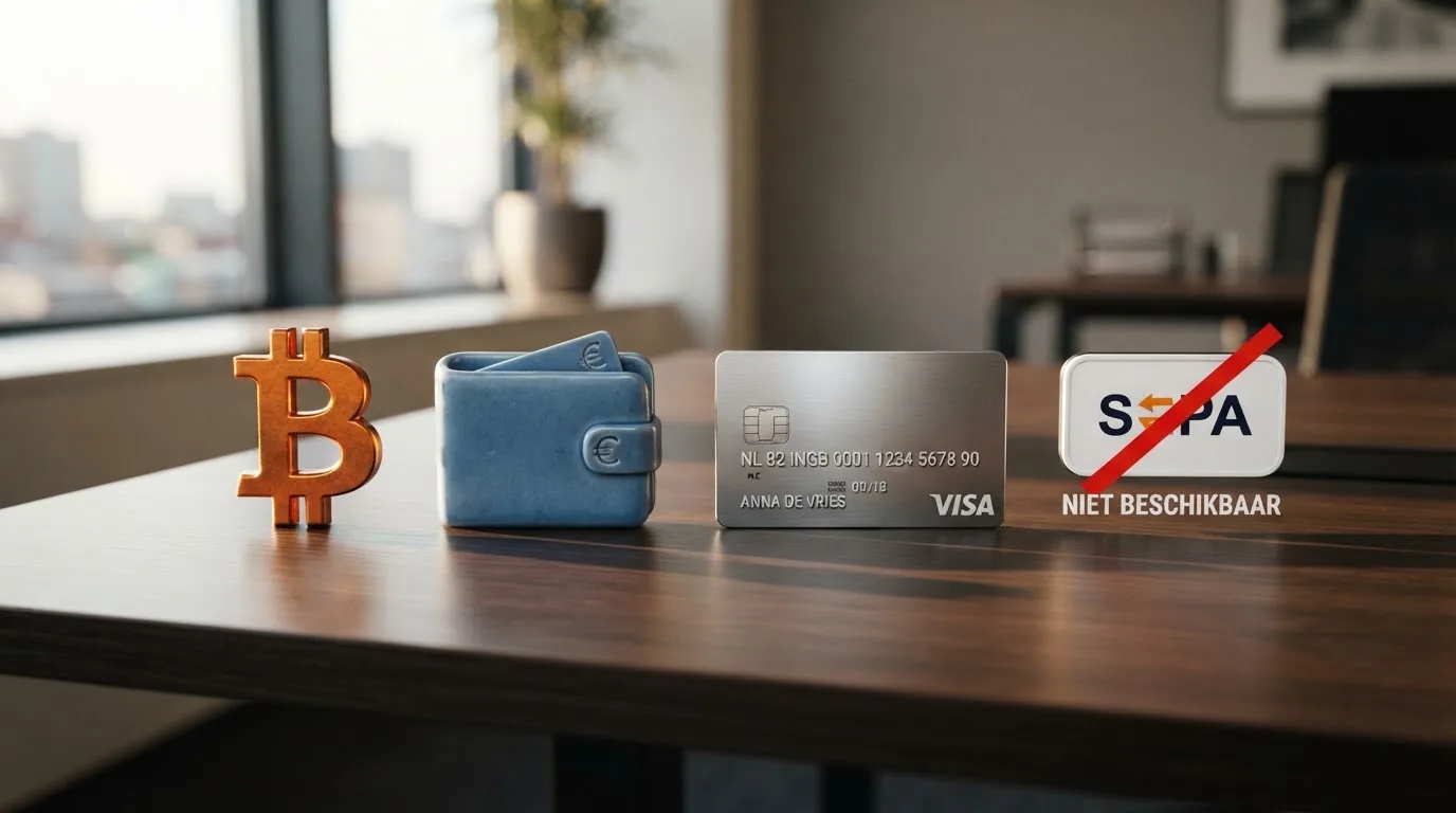 Betaalknoppen voor crypto, e-wallet en creditcard naast een doorgestreepte iDEAL-knop