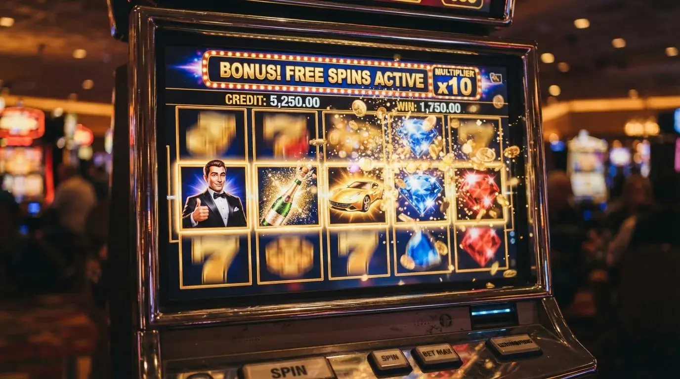 Een Betsoft Slots3-gokkast in actie met cinematische 3D-animatie, goudkleurige rollen en bonusfeatures op het scherm
