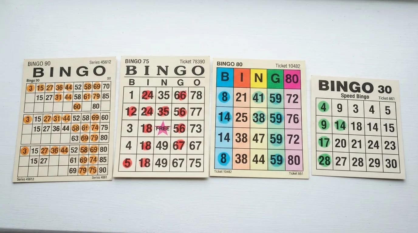 Vier bingokaarten naast elkaar: een 3x9-raster, een 5x5-raster, een 4x4-raster en een 3x3-raster