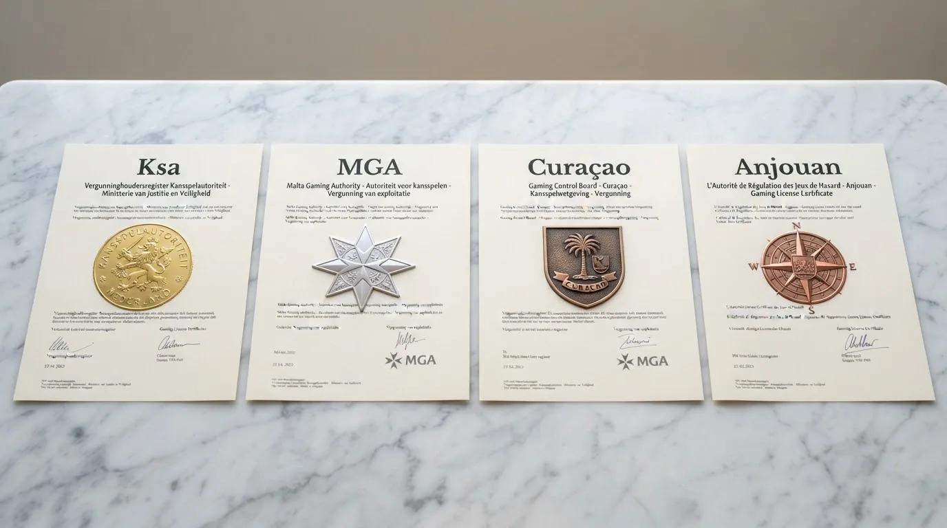 Vier vergunningsdocumenten met de logo's van Ksa, MGA, Curaçao en Anjouan