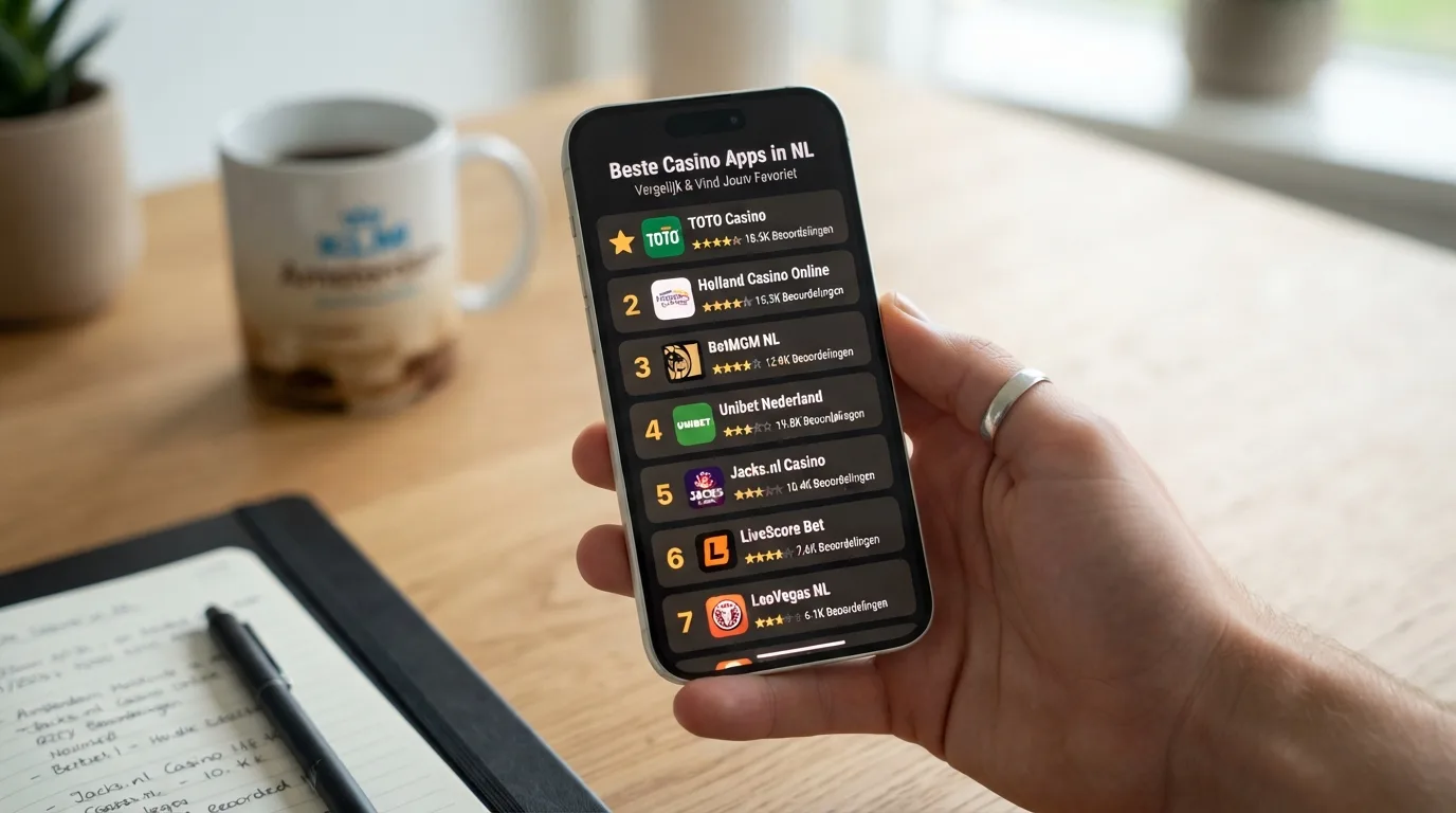 Een ranglijst van casino-apps met App Store-scores en reviews op een iPhonescherm