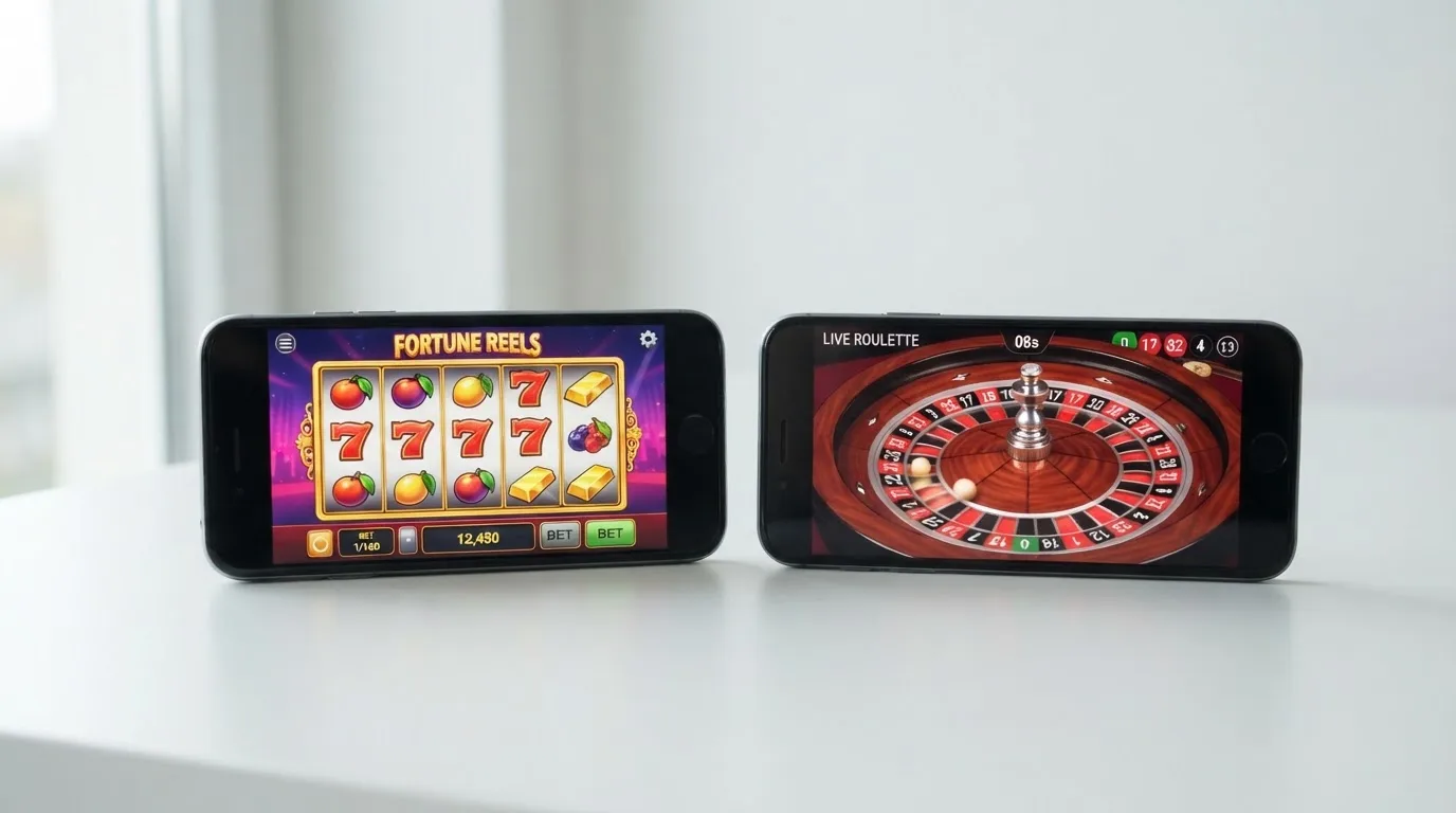 Twee moderne smartphones naast elkaar, links een iPhone met Kansino-app, rechts een Android-toestel met Unibet-app, beide met helder scherm