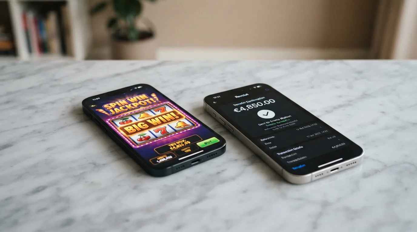 Twee smartphones naast elkaar: een casino-app en een bank-app met een overboeking