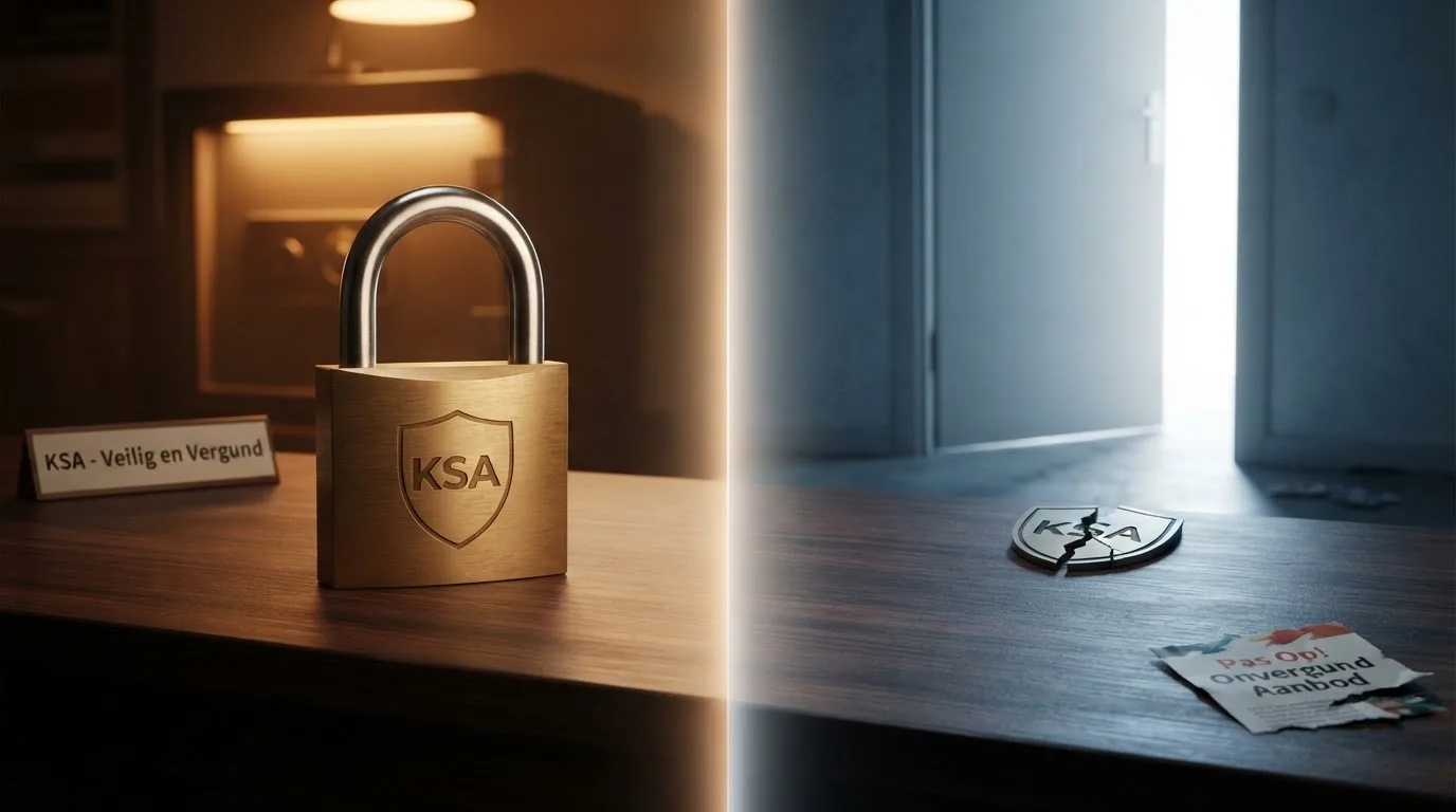 Een visuele vergelijking tussen een slot met een Ksa-keurmerk waar een schild met Cruks voor staat, en een open deur bij een onvergund casino waar het Cruks-schild ontbreekt