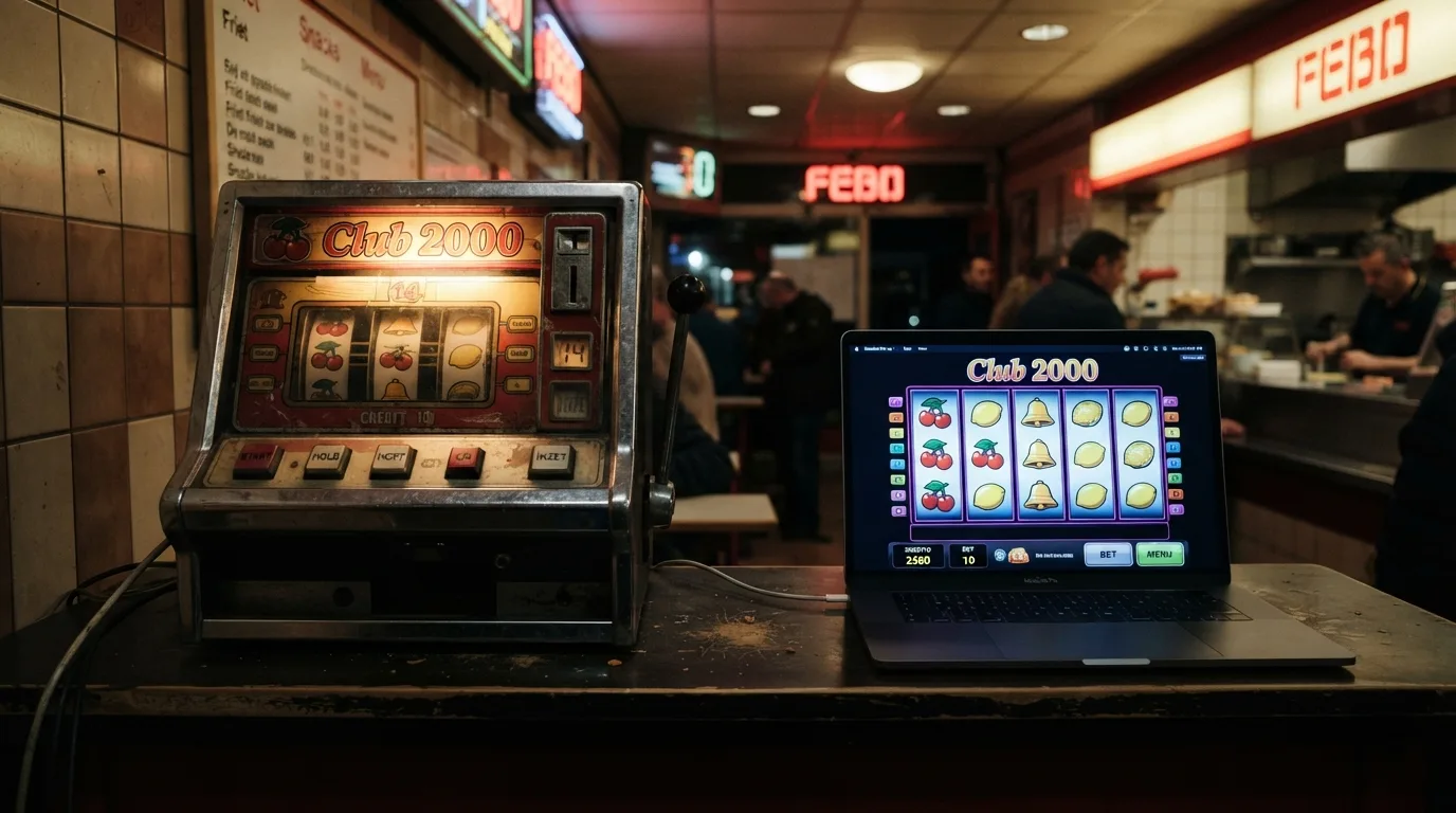 Een klassieke fysieke Club 2000-speelautomaat met fysieke rollen en drukknoppen naast een smartphone of laptop met de online Club 2000 Deluxe van Stakelogic