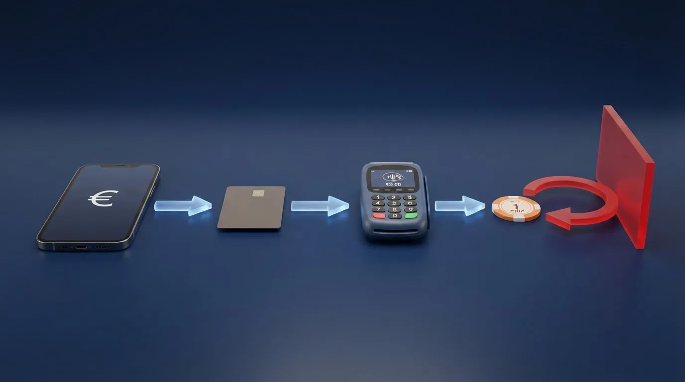 Een schematische weergave van de Google Pay-betaalketen: telefoon → token → betalingsverwerker → casino, met een duidelijk eenrichtingspictogram dat aangeeft dat uitbetalen via dezelfde route niet mogelijk is