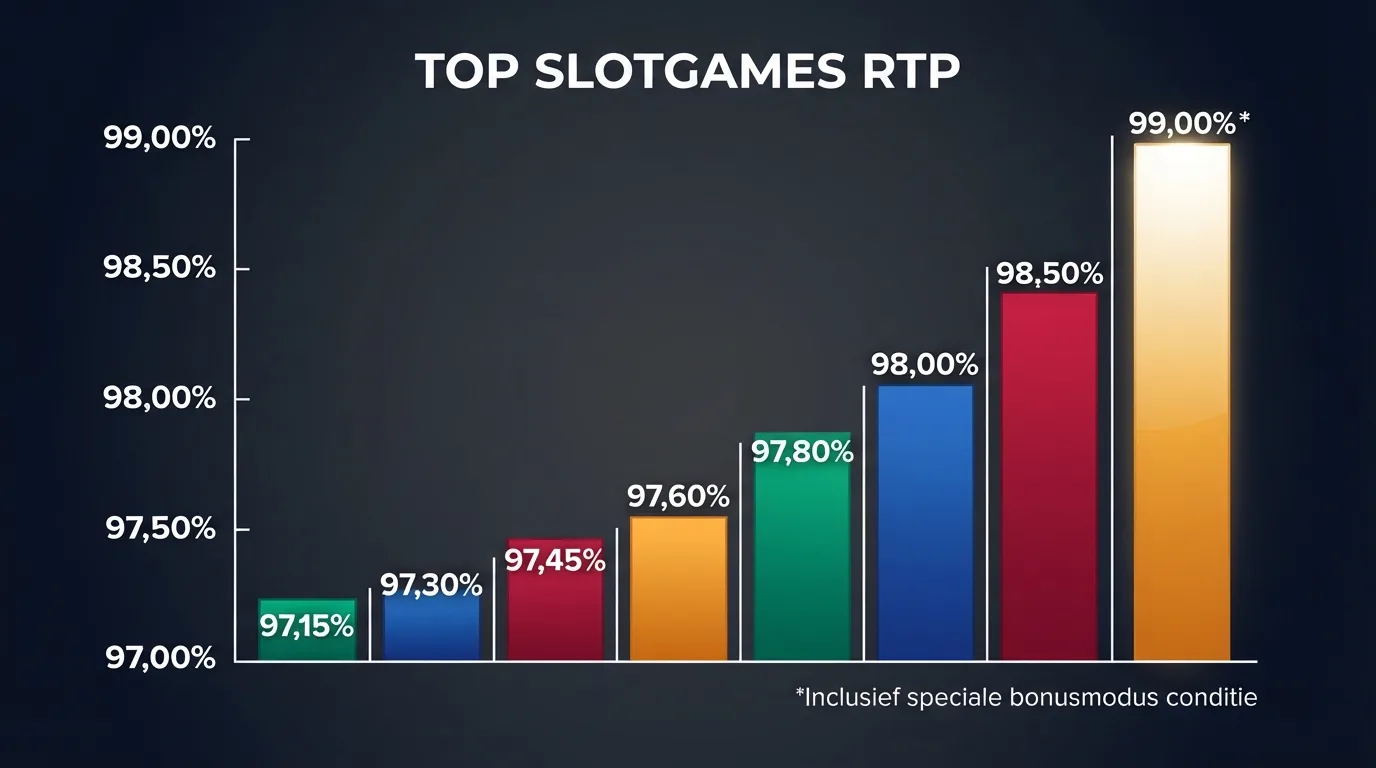 Een ranglijst met gokkasten en hun RTP-percentages van 97% tot 99%