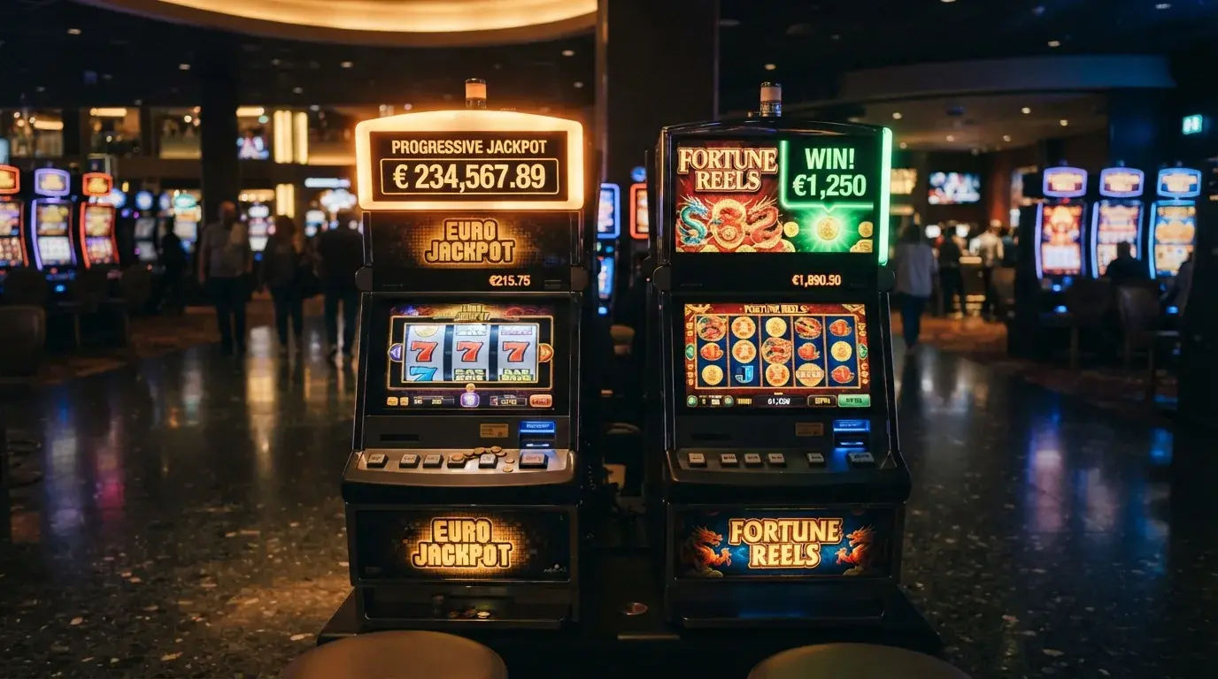 Twee gokkasten naast elkaar, de ene met jackpotteller en een lage RTP-waarde, de andere zonder jackpot en met een hogere RTP