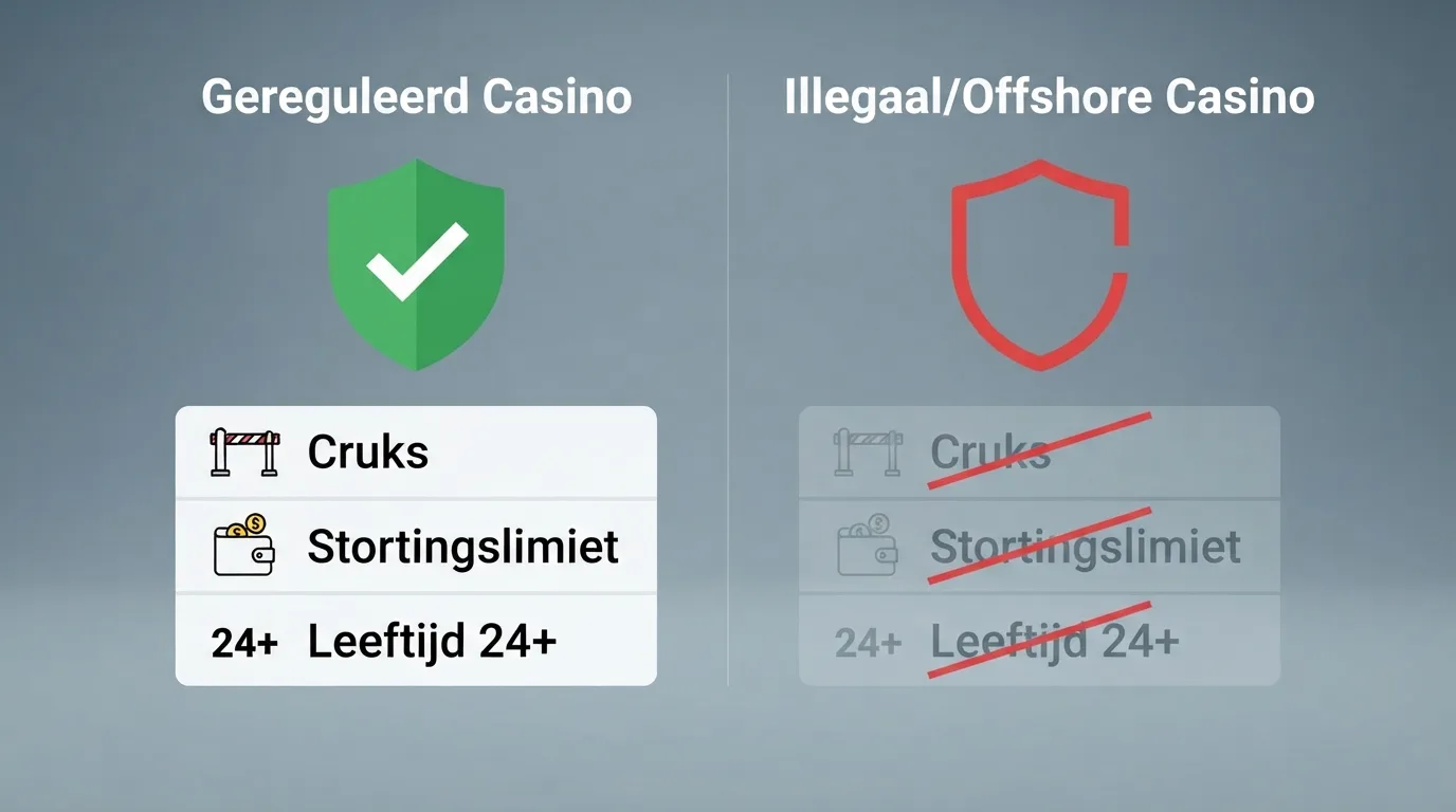 Schema dat de spelersbescherming van een vergund casino afzet tegen die van een offshore casino