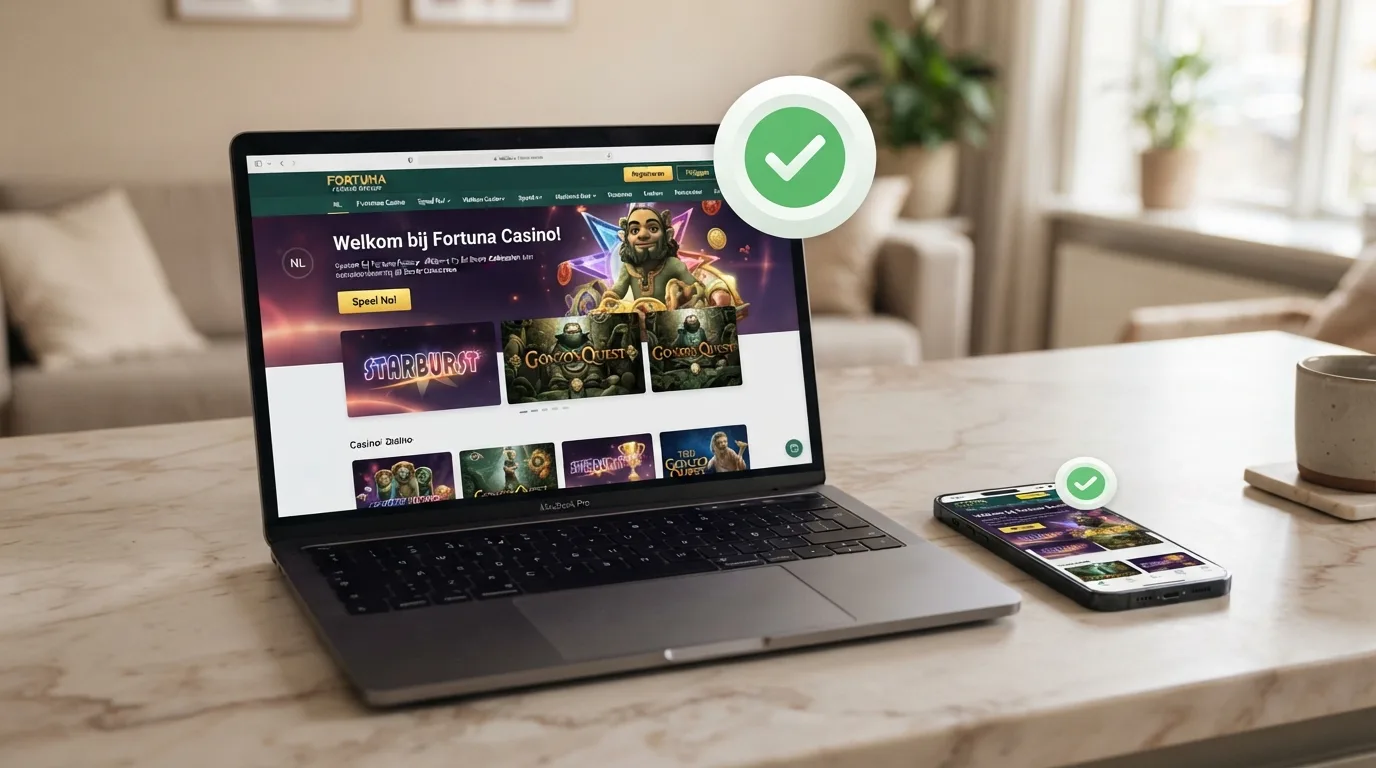 Close-up van het Ksa-keurmerk op de homepage van een Nederlands online casino, met een smartphone die hetzelfde keurmerk toont