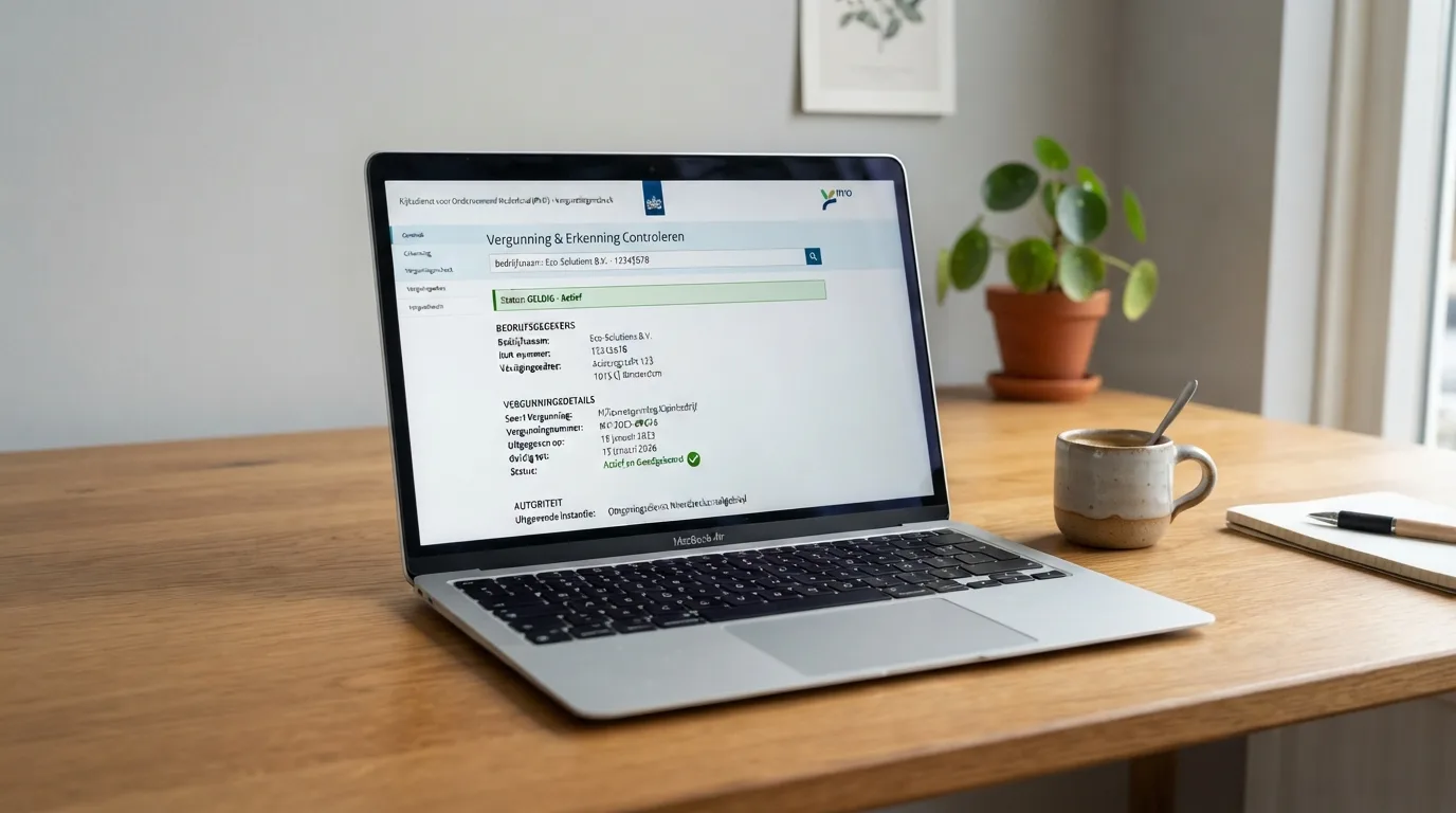Een laptopscherm met de Kansspelwijzer-pagina van de KSA, met vergunningsdetails opengeklikt