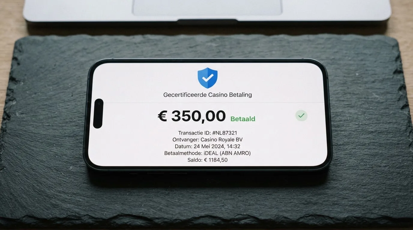 Een close-up van een smartphone-scherm waarop het Ksa-keurmerk en een Trustly-betaalscherm naast elkaar zichtbaar zijn, met op de achtergrond de interface van een Nederlands online casino.