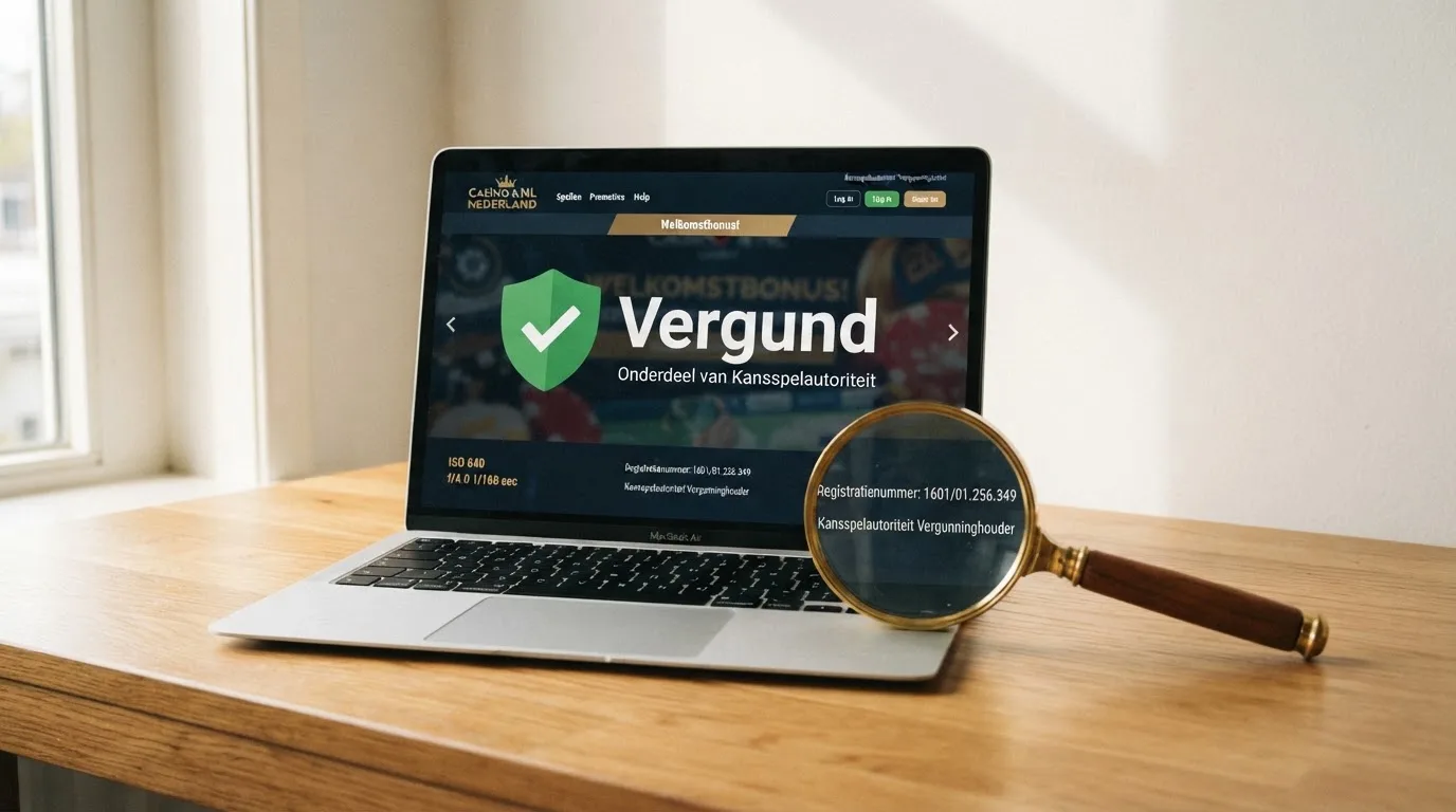 Een geopende Nederlandse casinowebsite naast een vergrootglas boven het Ksa-vergunningregister