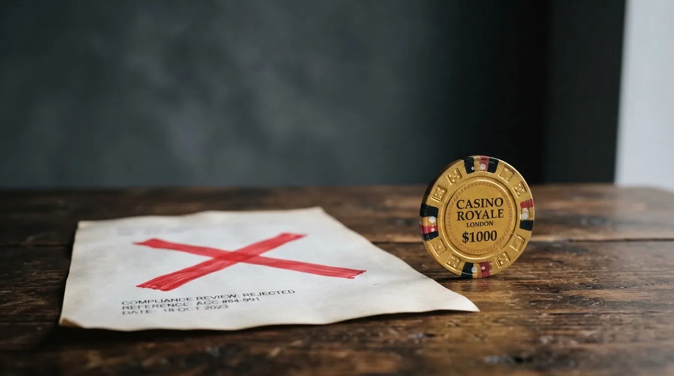 Een bitcoin-munt naast een document met een rood kruis