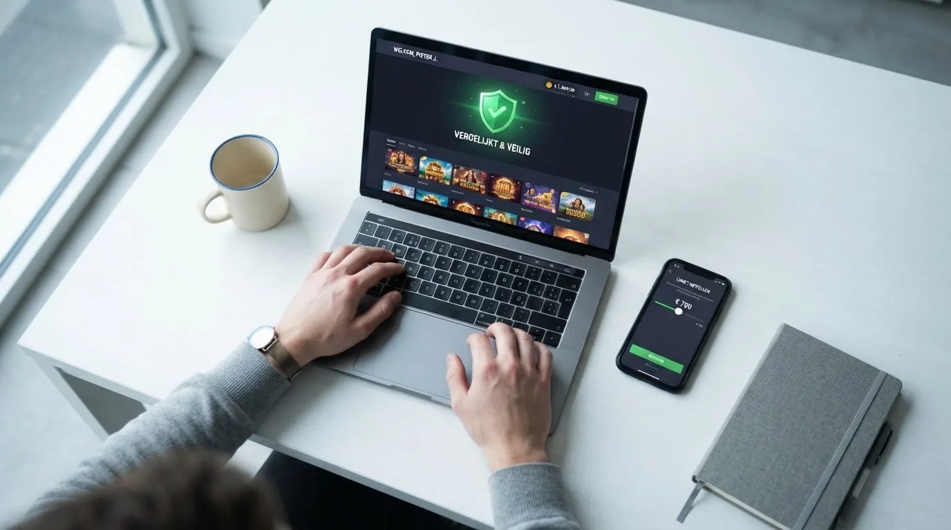 Het logo van de Kansspelautoriteit naast de vergunninggegevens van een Nederlands online casino op een beeldscherm