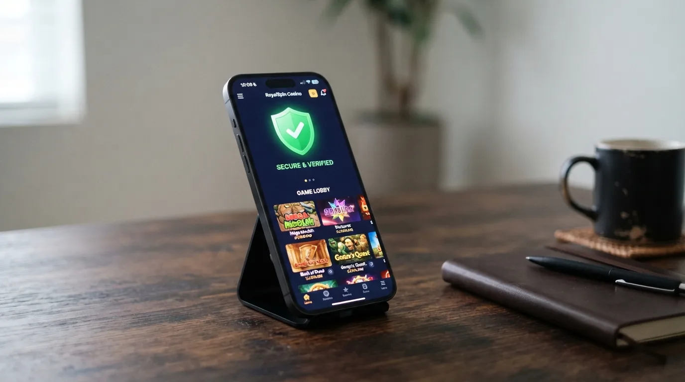Een smartphone toont een casino app met zichtbaar KSA-keurmerk in de interface, met op de achtergrond het Kansspelautoriteit-logo subtiel zichtbaar