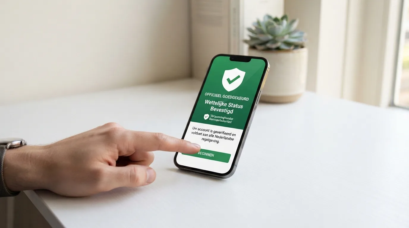 Een iPhone met het Ksa-keurmerk en een vergunningsnummer op het scherm