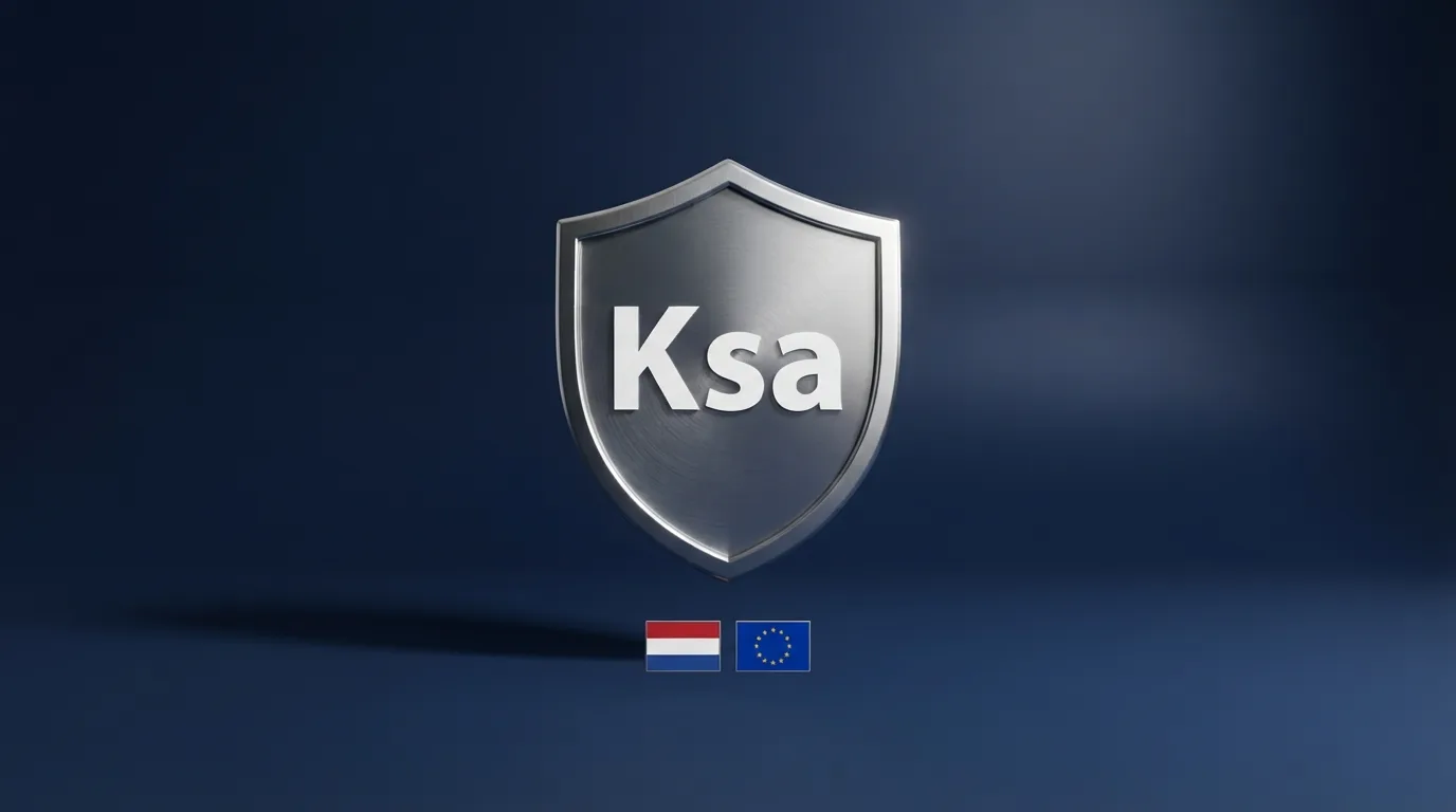 Het logo van de Kansspelautoriteit op een donkere achtergrond, met daaronder de vlaggen van Nederland en de Europese Unie
