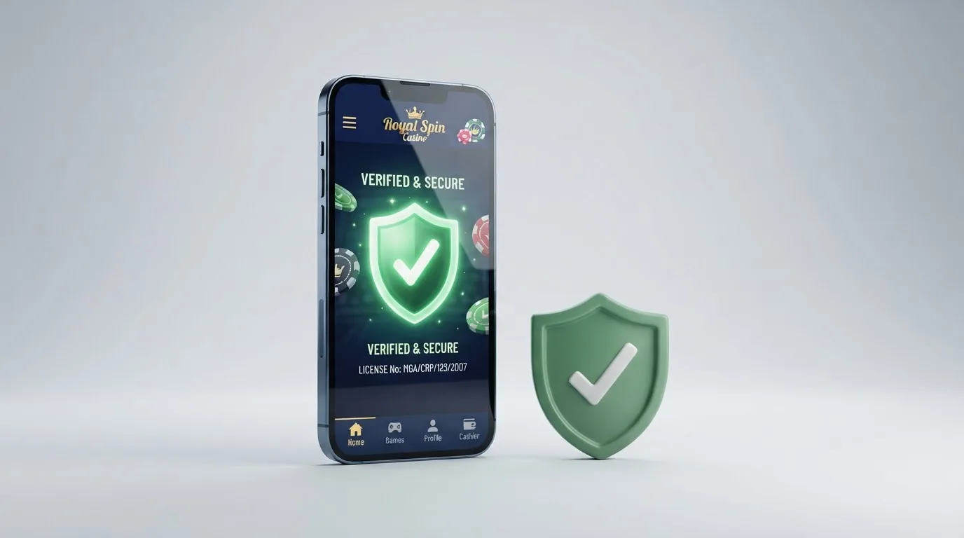 Een smartphone met een vergunde casino-app naast het Ksa-keurmerk en een vergunningstekst
