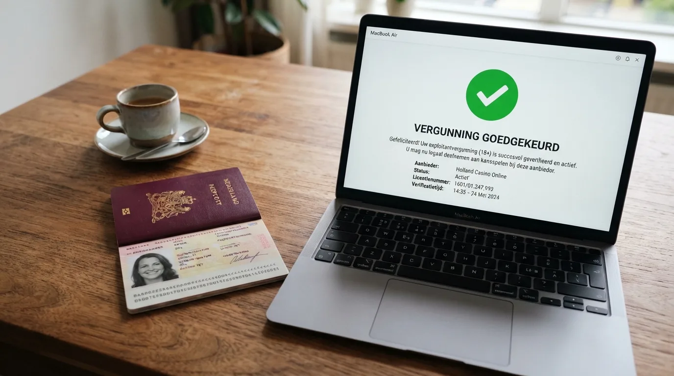 Het logo van de Kansspelautoriteit naast een Nederlands paspoort op een bureau