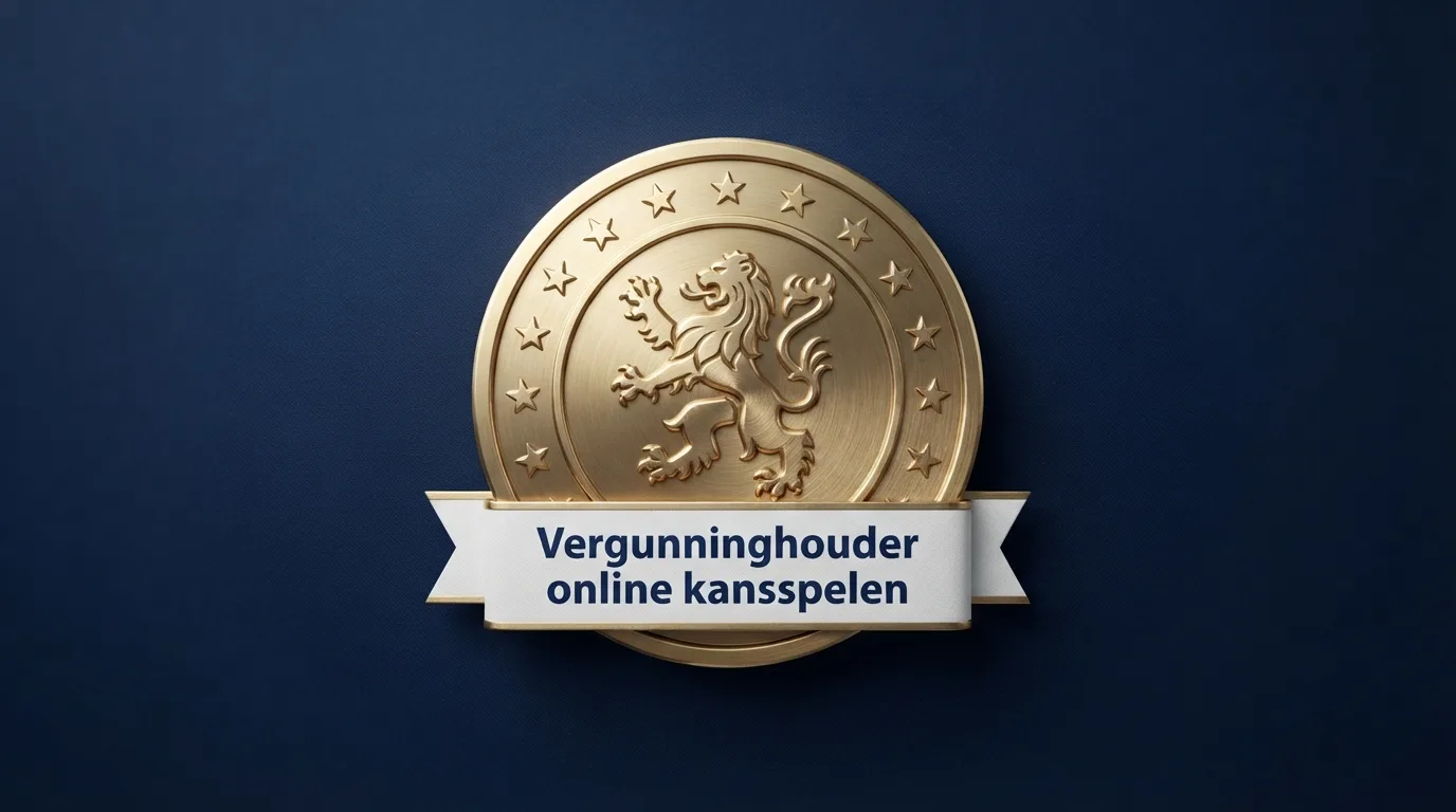 Het Kansspelautoriteit-logo met de tekst 'Vergunninghouder online kansspelen' en het Nederlandse wapen op de achtergrond