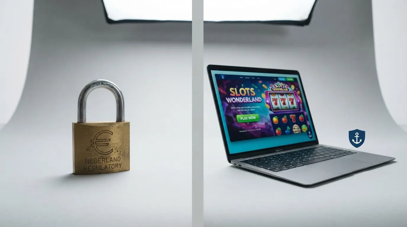 Een gesplitst beeld: links een slot met het Ksa-logo en een euro-teken, rechts een bitcoin casino interface met het Curaçao-vergunningsstempel