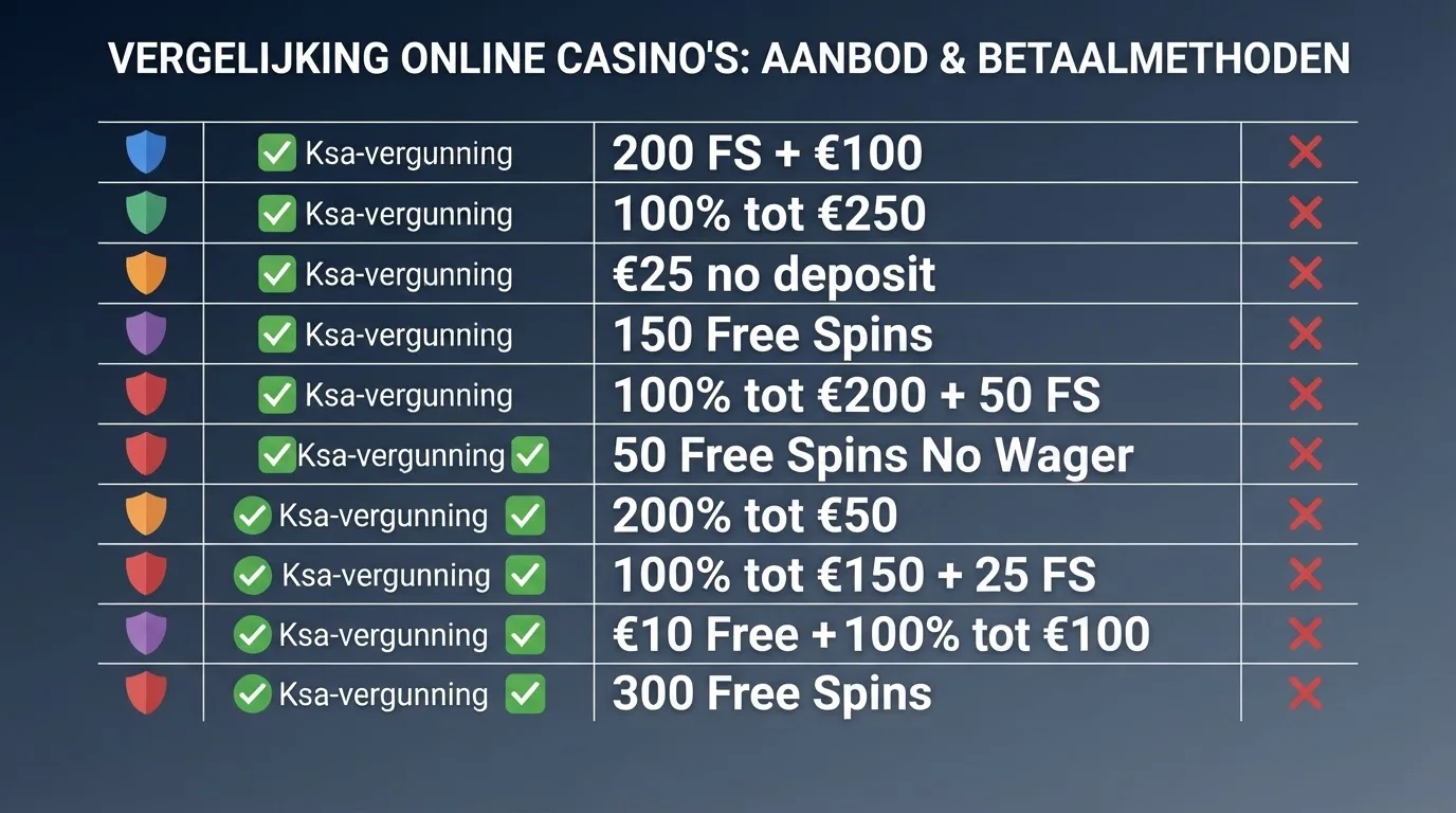 Een vergelijkingstabel van tien Nederlandse casino-logo's met vergunningen