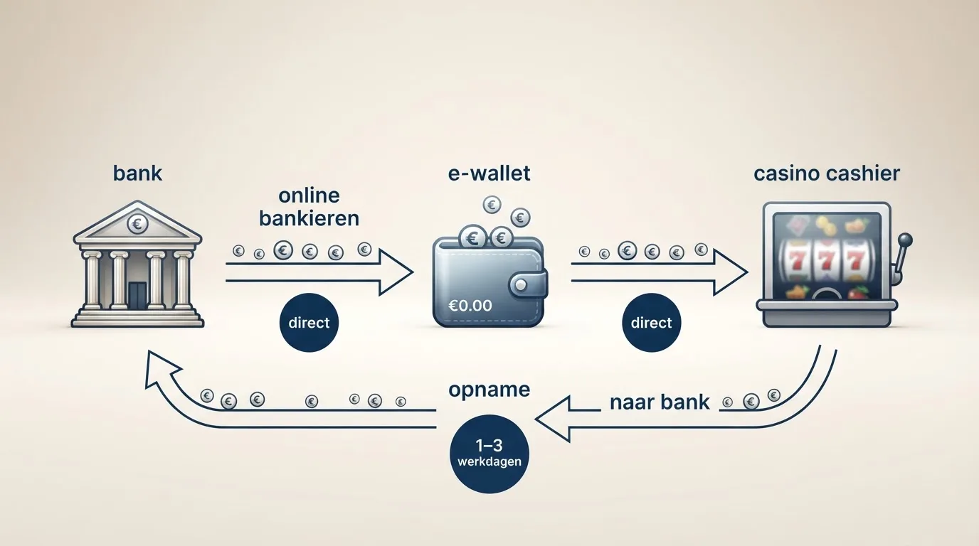 Een infographic van de geldstroom: bankrekening → iDEAL → MiFinity wallet → casino cashier, met verwerkingstijden per stap