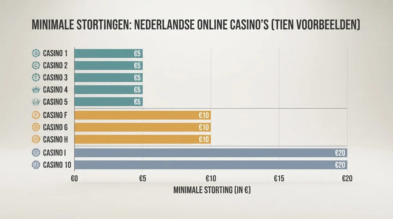 Vergelijkingstabel van tien Nederlandse online casino's met hun minimumstorting en vergunning