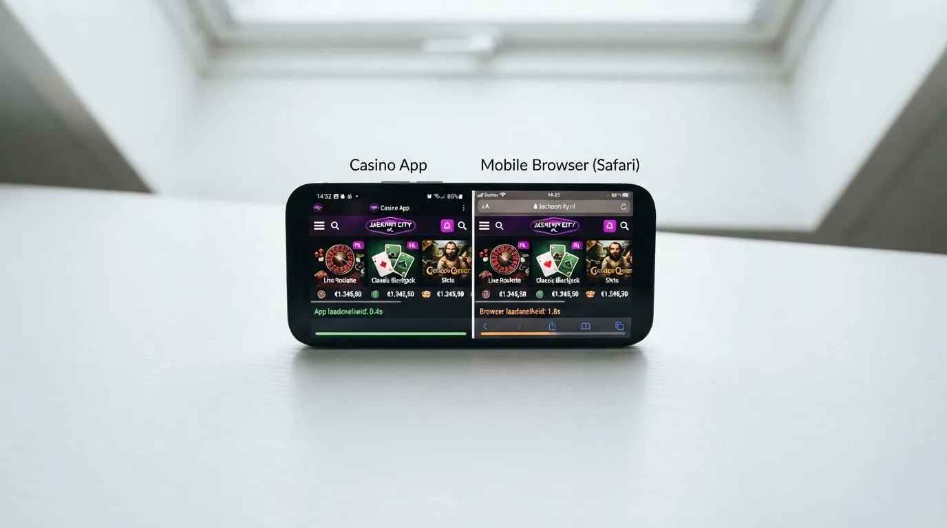 Een smartphone toont naast elkaar het app-icoon van een casino-app en dezelfde casino-omgeving in een mobiele browser, met het verschil in laadtijd visueel aangegeven
