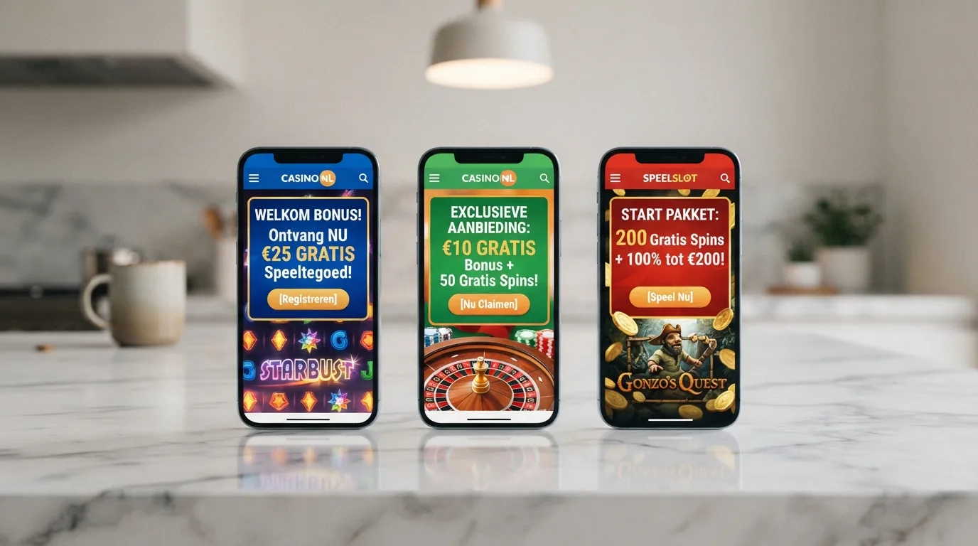 Drie smartphones naast elkaar, elk met het welkomstaanbod van een ander Nederlands online casino in beeld