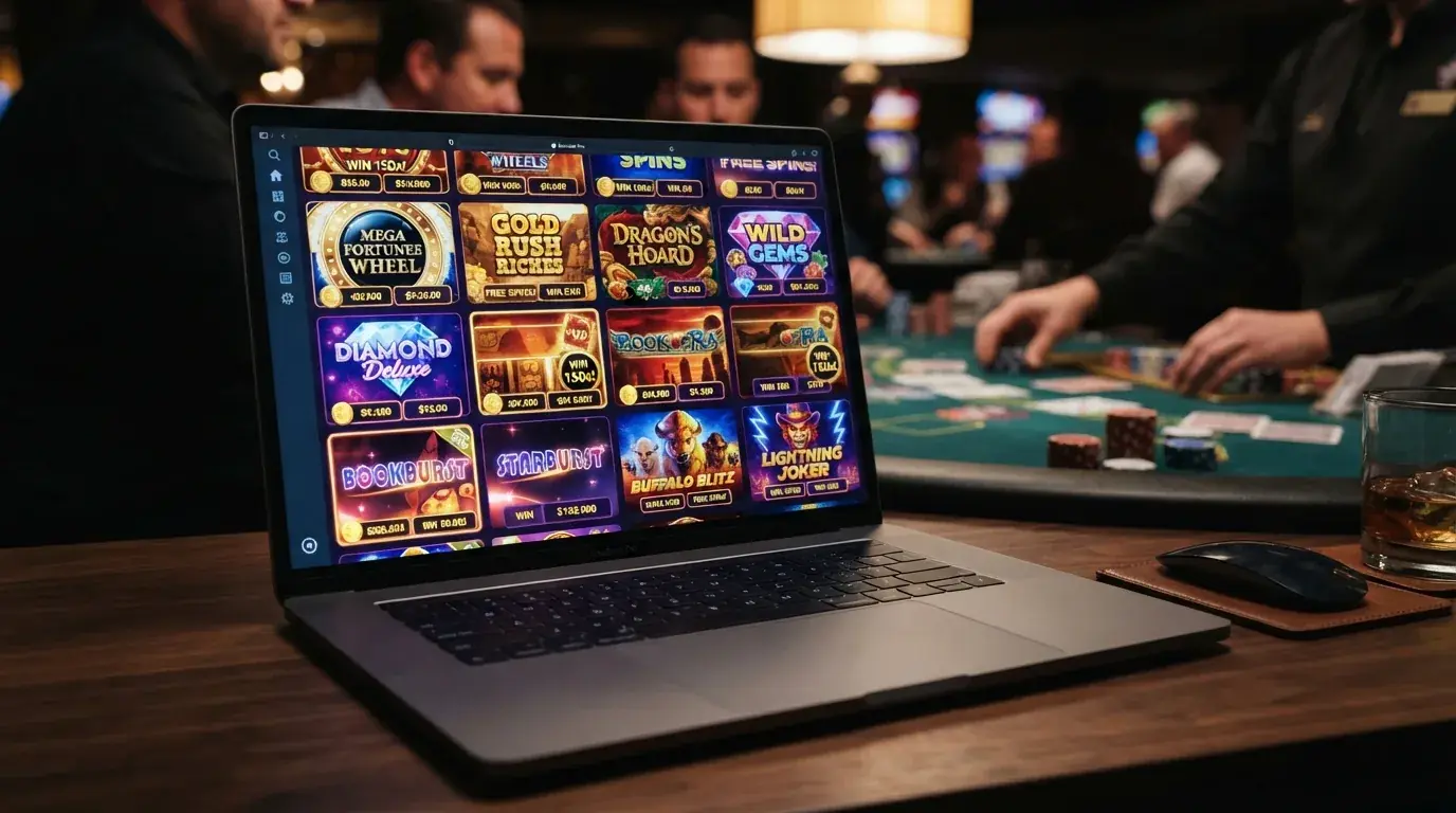 Een laptopscherm toont een grid van kleurrijke online slots van Pragmatic Play en NetEnt, met een live casino-tafel op de achtergrond van het beeld