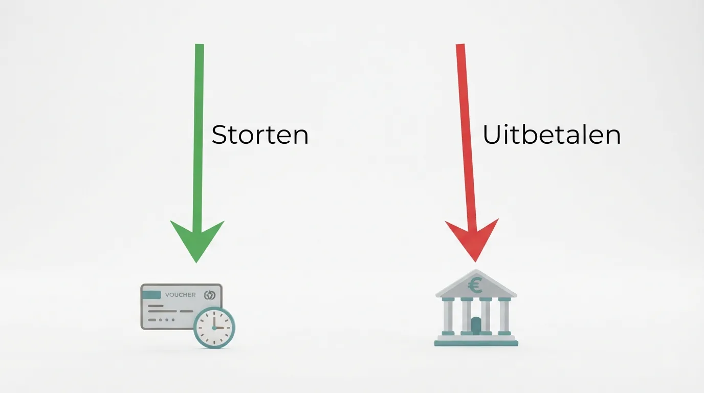 Een stroomschema dat visueel toont: storten met Neosurf is mogelijk en snel, maar uitbetalen loopt verplicht via een andere methode zoals bankoverschrijving.