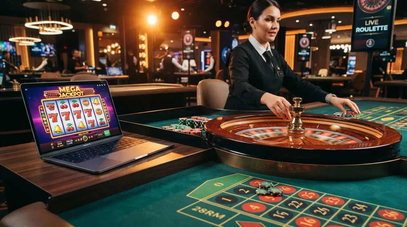 Een collage van een kleurrijke online slot op een laptopscherm naast een live roulettetafel met een echte dealer in beeld