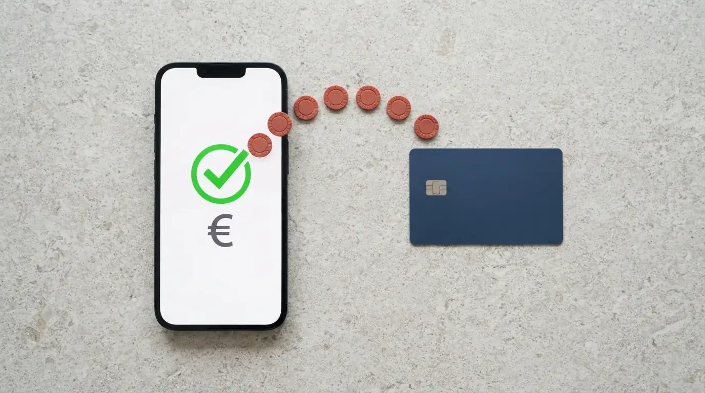 Een split-screen illustratie: links een smartphone met het bevestigingsscherm van een geslaagde Paysafecard-storting, rechts een bankafschrift met een uitbetaling van het casino — met een pijl die loopt van de storting naar de uitbetaling via een bankrekening.