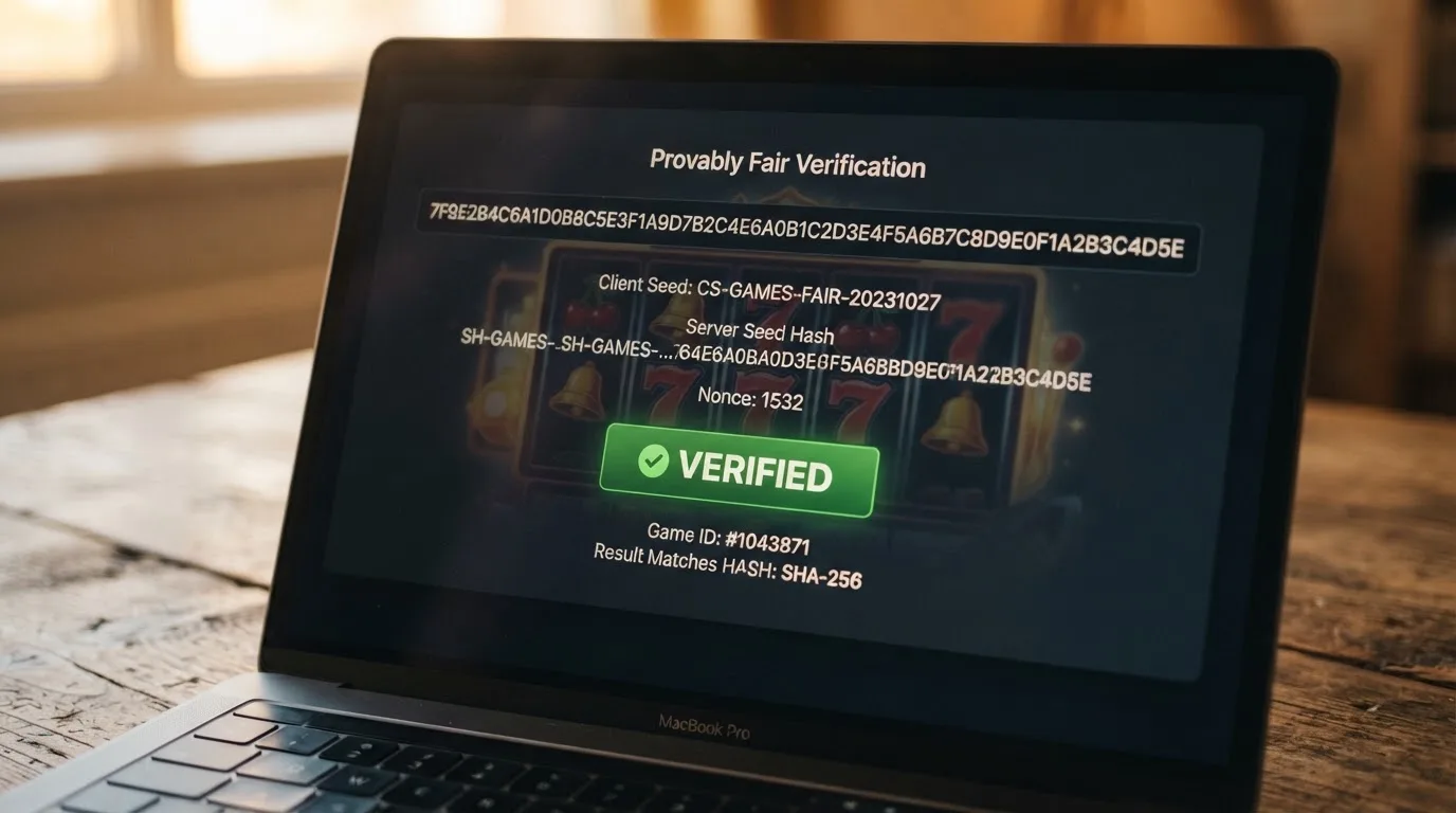 Een scherm van een provably fair verificatie-interface met een hash-code, een client seed en een 'verifiëren'-knop op een bitcoin casino platform