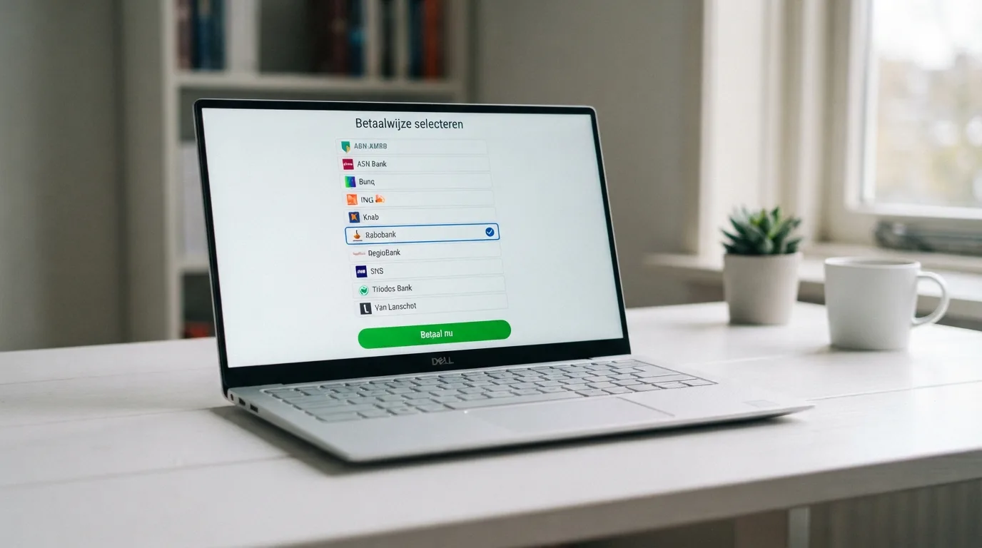 Het iDEAL-betaalscherm met de Revolut-bank geselecteerd in de lijst van Nederlandse banken, op een laptopscherm