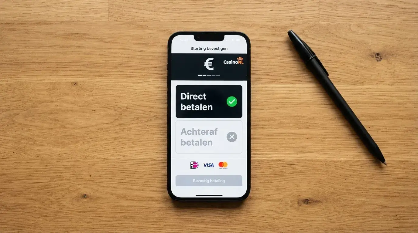 Smartphone met de keuze tussen direct betalen en achteraf betalen bij een online casino