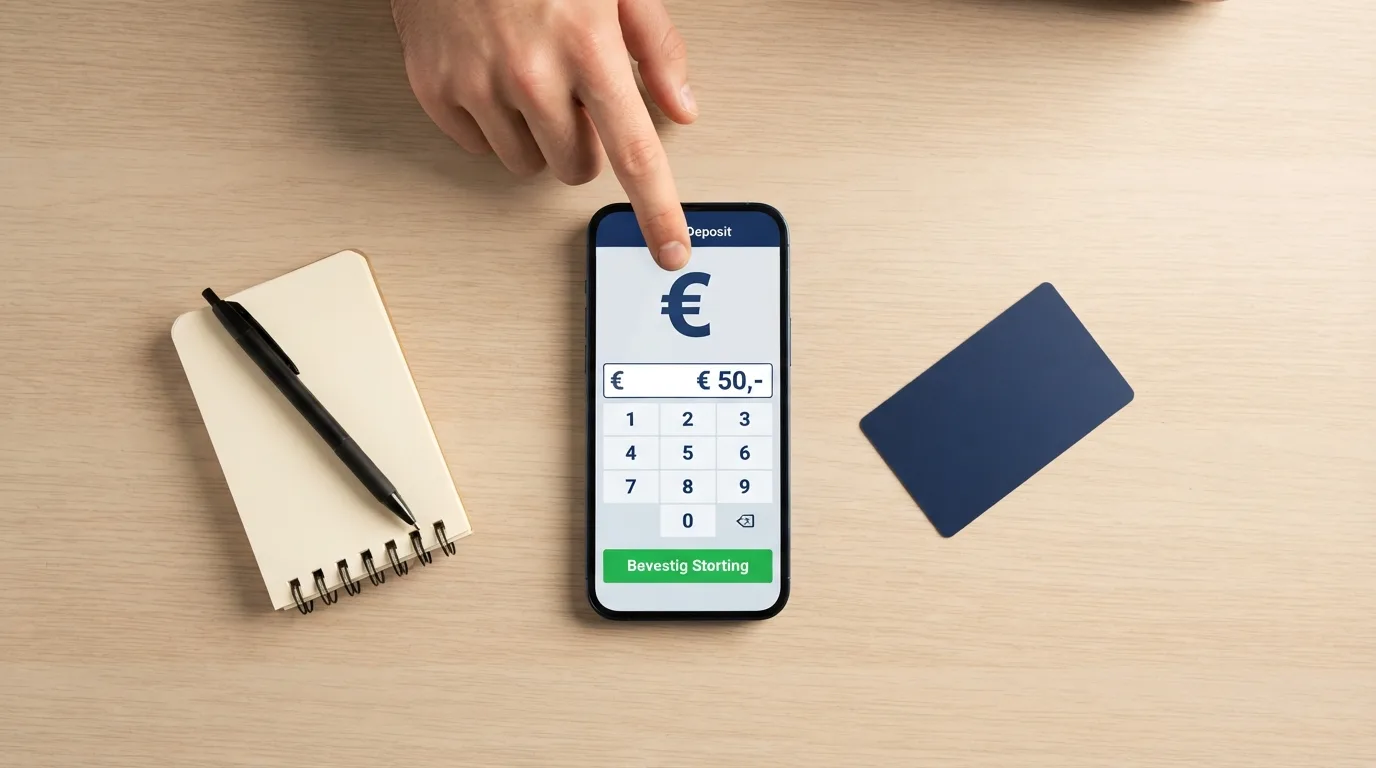De stappen van een online casino storting op een smartphone: iDEAL-logo, bedrag invoeren, bank-app ter verificatie