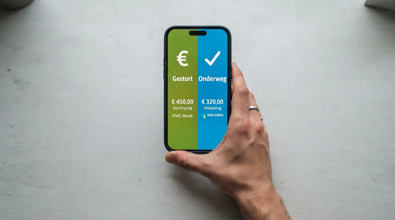 Een split-screen van een telefoonscherm: links een stortingsbevestiging via iDEAL, rechts een uitbetalingsnotificatie van Trustly met het bedrag en de verwerkingstijd