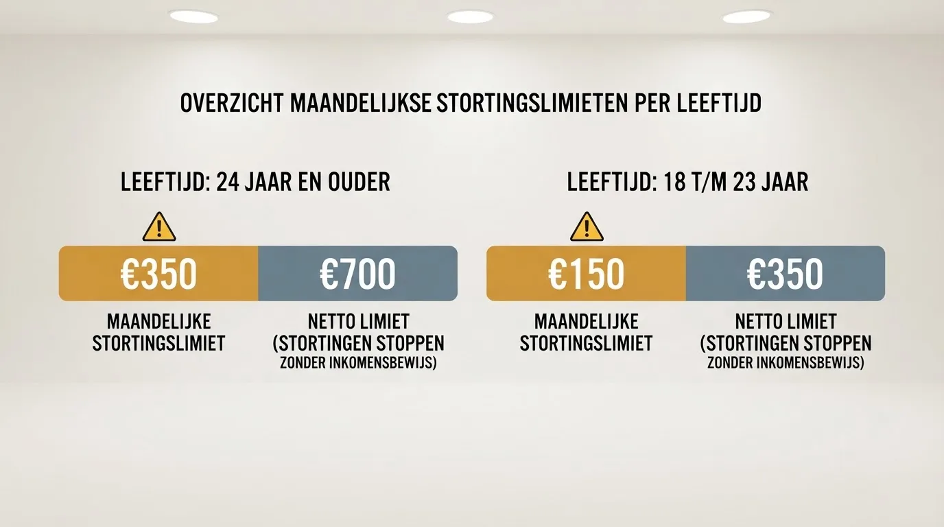 Schema met de twee Nederlandse stortingsdrempels voor spelers van 24-plus en 18 tot en met 23 jaar