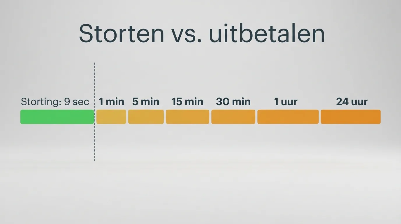 Een visuele tijdlijn die het verschil toont tussen storten via Trustly (9 seconden) en de uiteenlopende uitbetalingstijden per casino, van 1 minuut tot 24 uur.