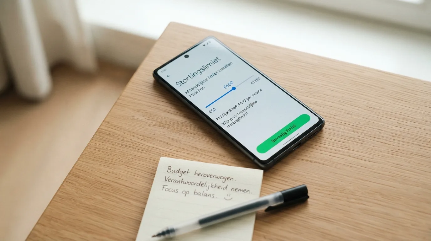 Een smartphone met daarop een stortingslimiet-instelling en het telefoonnummer van OpenOverGokken