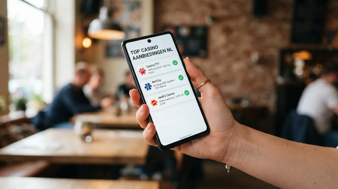 Een telefoon met een vergelijking van casino-aanbieders, bonussen en vergunningen
