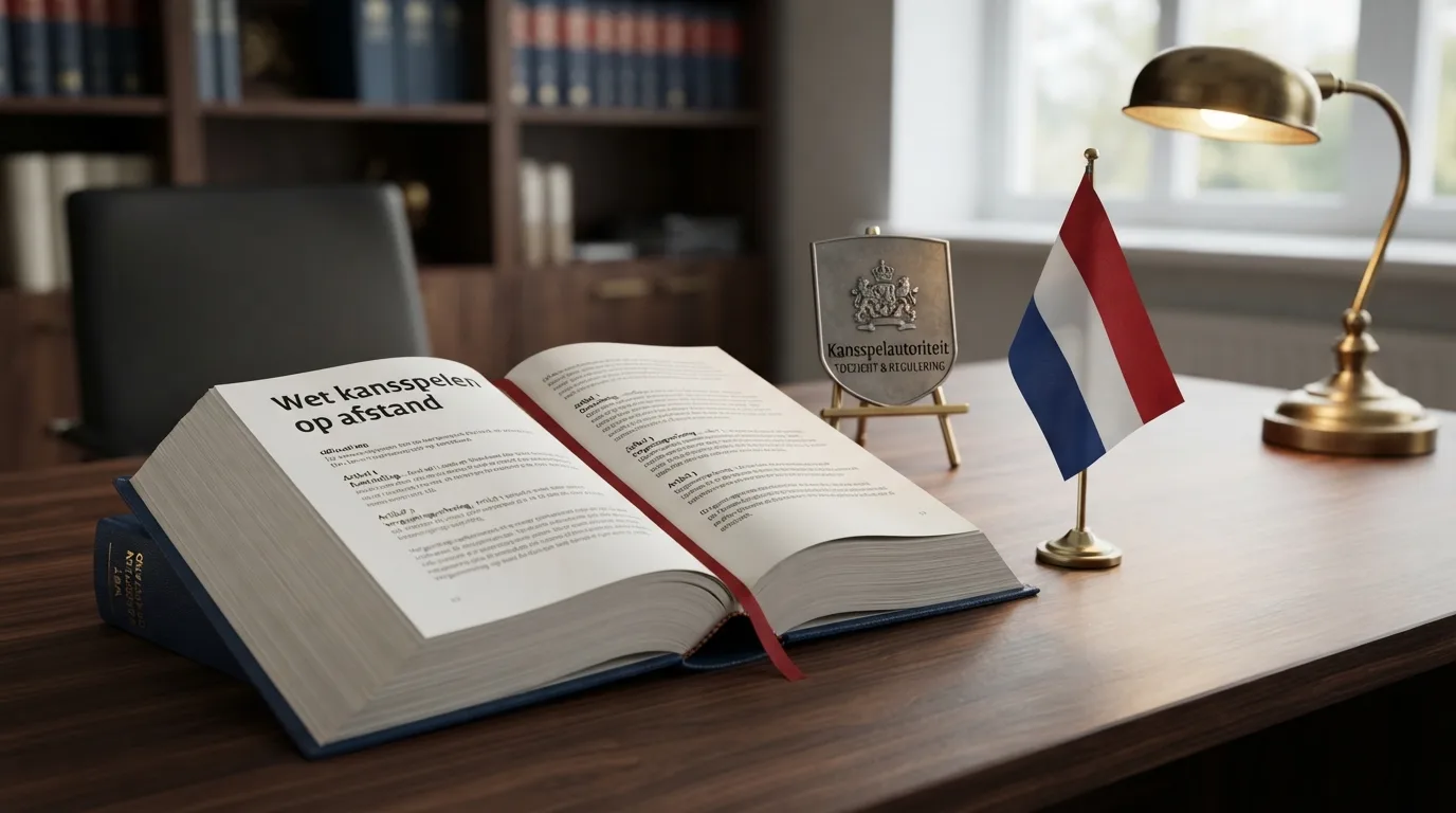 Het logo van de Kansspelautoriteit naast een opengeslagen Wetboek met de titel Wet kansspelen op afstand, op een bureau met een Nederlands vlaggetje