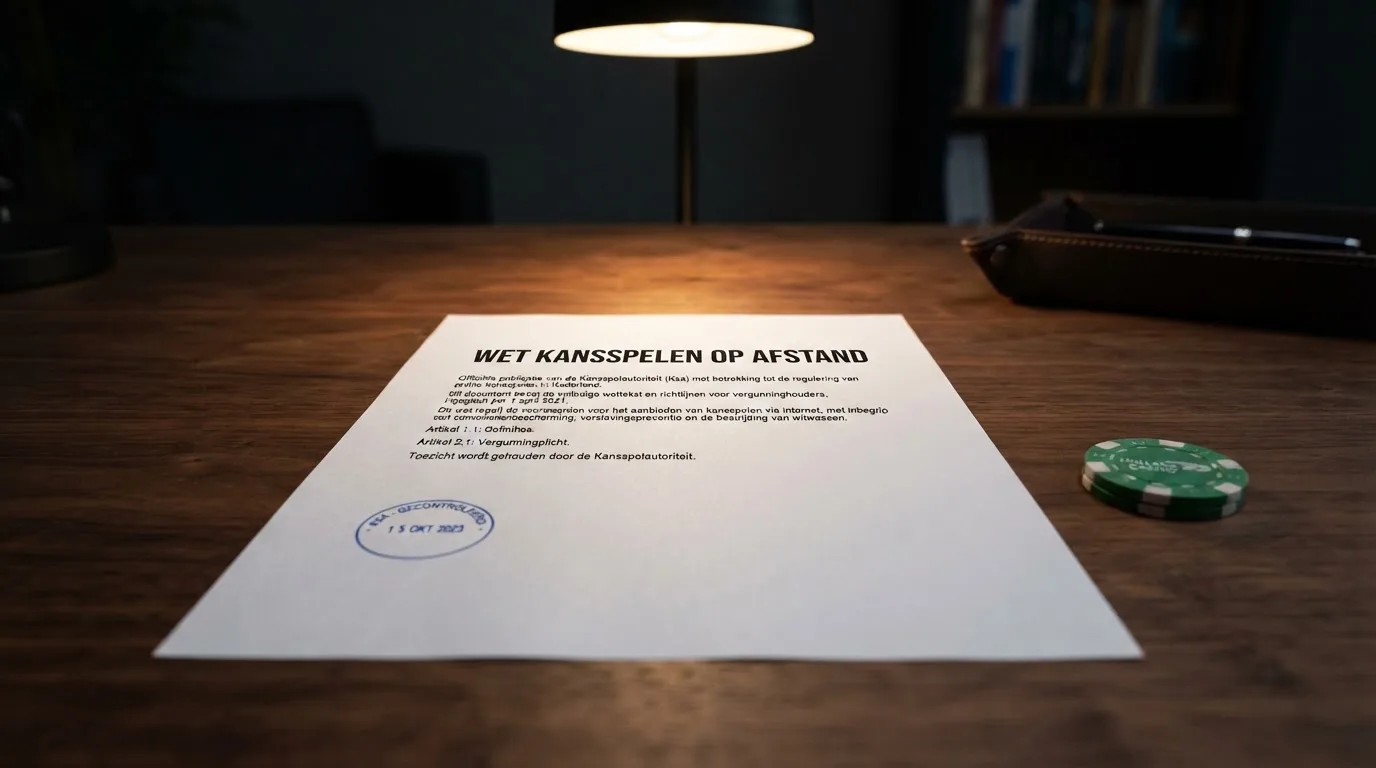 Het logo van de Kansspelautoriteit naast een document met het opschrift Wet kansspelen op afstand